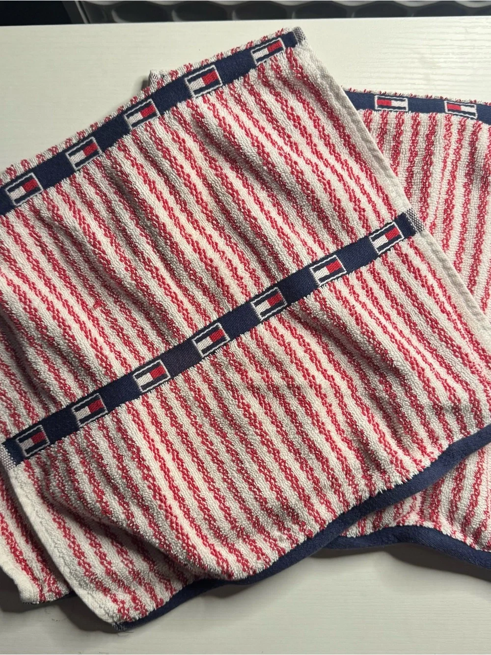 2 Tommy Hilfiger Red & White Striped Hand Towels